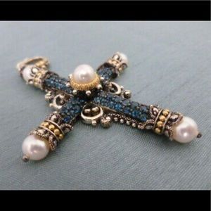 18k 925 Sterling Blue Topaz & Pearl Barbara Bixby Amazing Grace Cross Enhancer